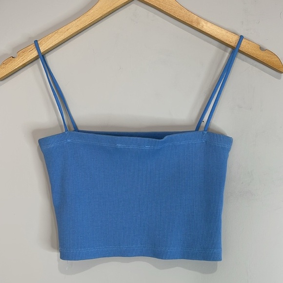 5/$25 Subdued Thin Spaghetti Strap Bandeau Cropped Cami Top Ribbed Blue S/4 - Picture 3 of 10